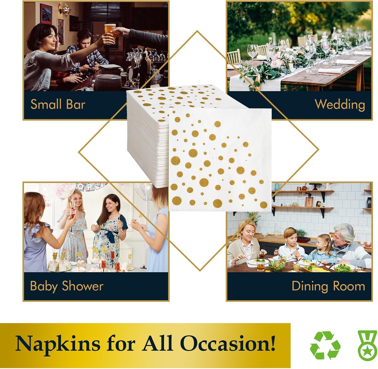 Vplus 200 Pack Gold Cocktail Napkins 3 Ply
