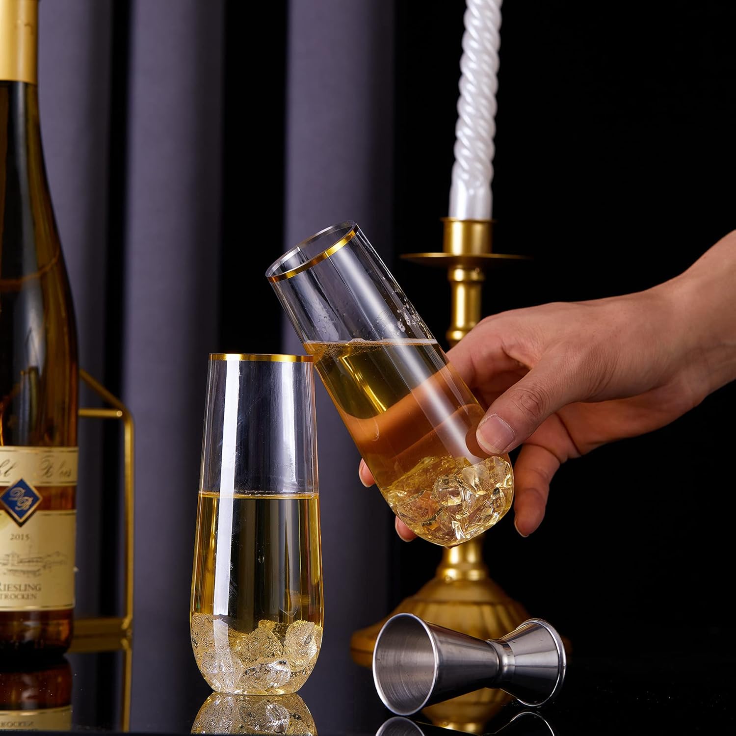 N9R 24PCS Plastic Champagne Flutes 9 Oz Stemless Gold Rim Toasting Glasses