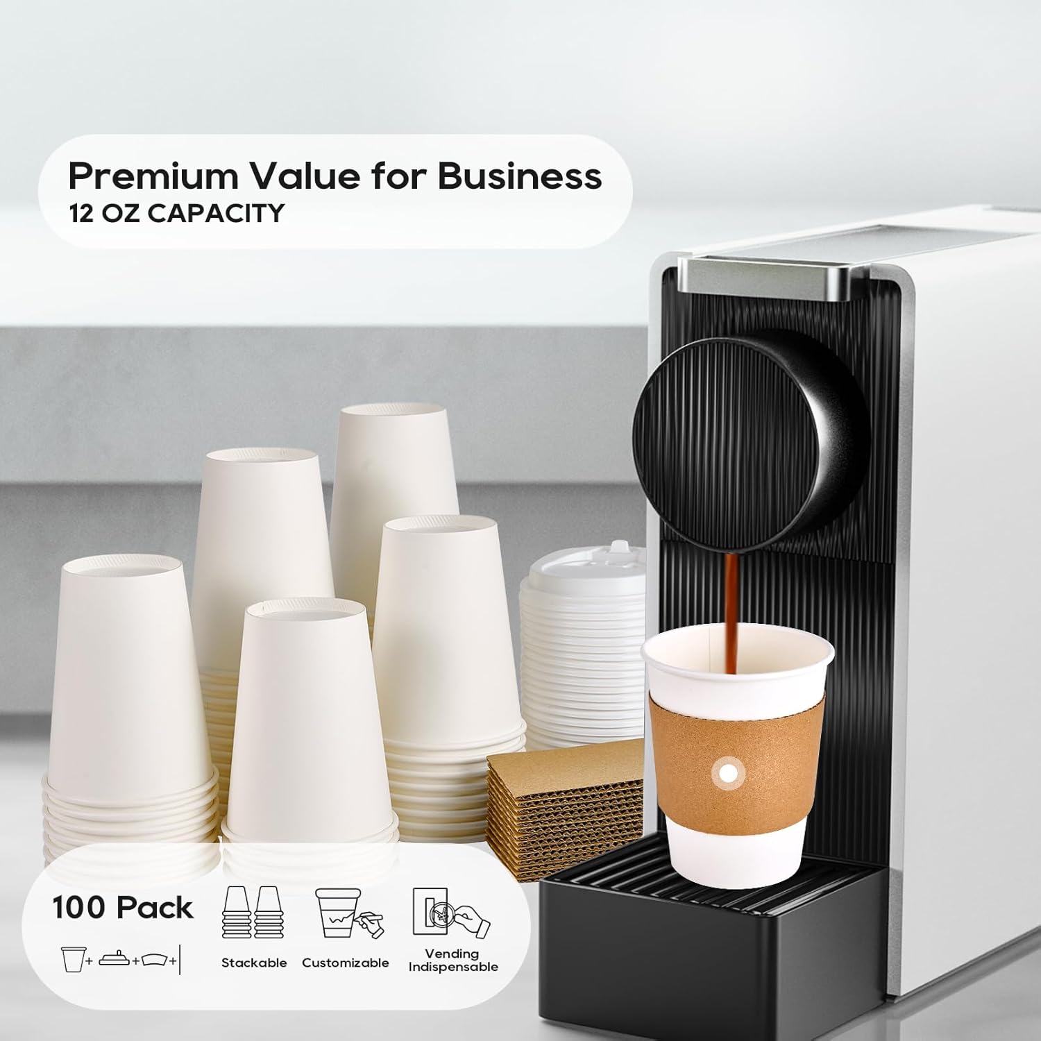 100 Pack 12oz Paper Coffee Cups with Lids and Sleeves