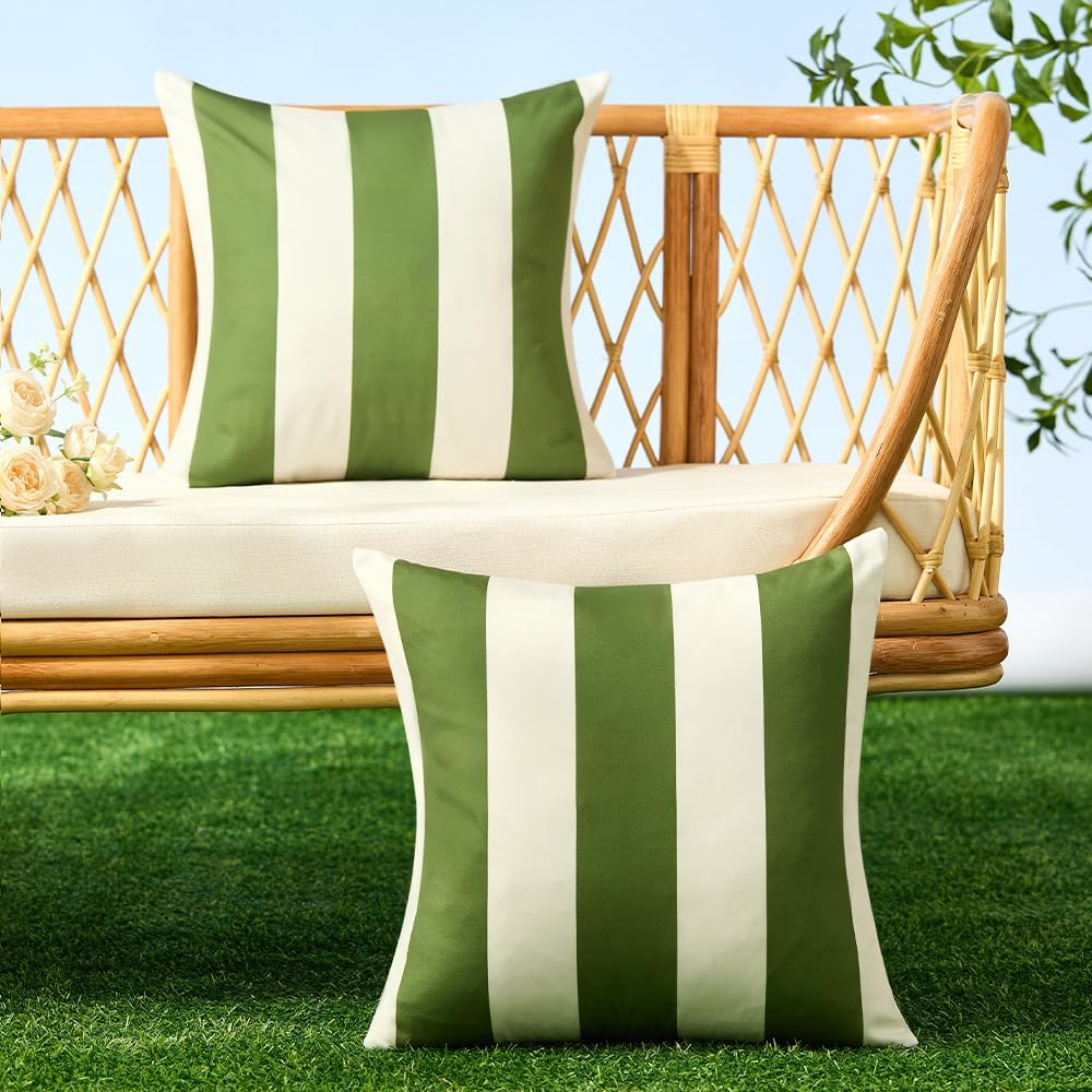 Allorry Outdoor Pillow Covers Set of 2 Olive Green Striped