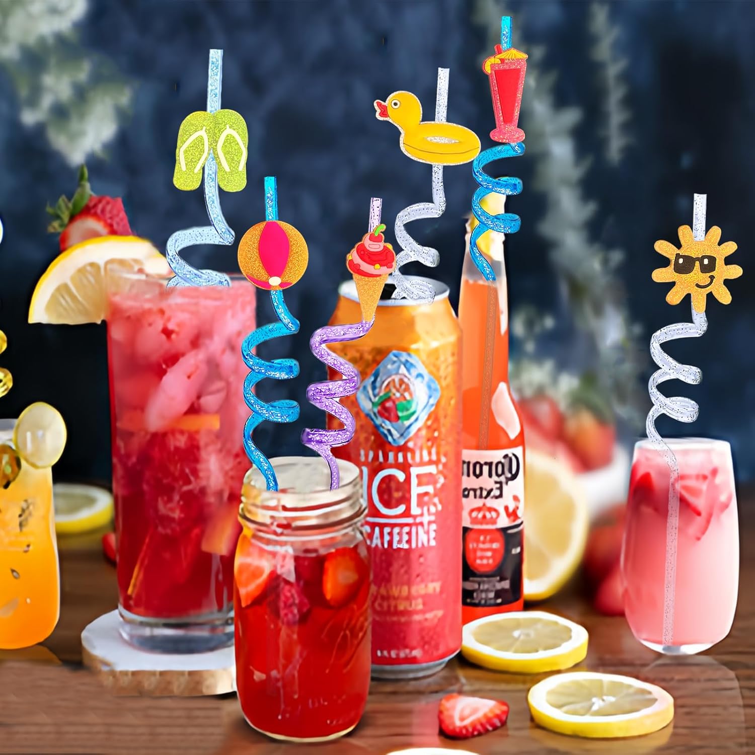 24 Glitter Drinking Straws with Beach Pattern and Brush