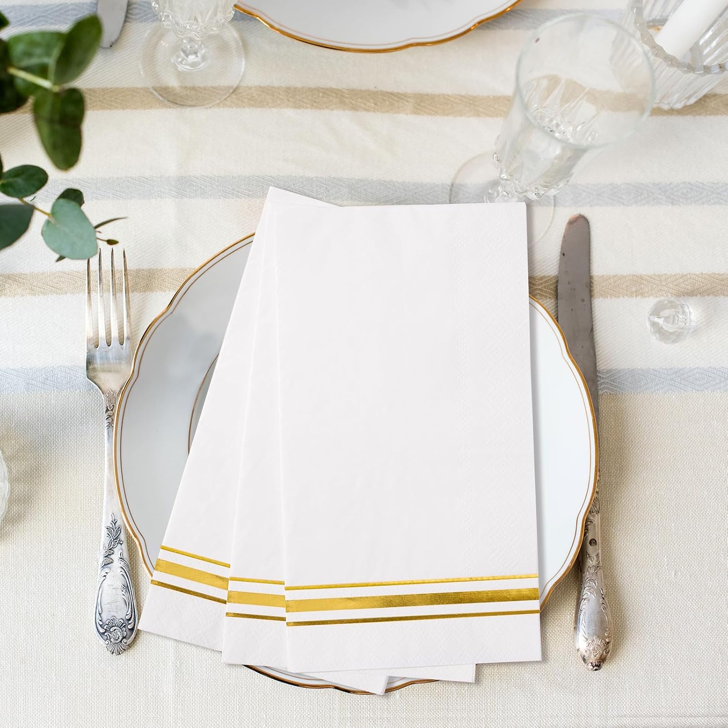 100 Gold Trim Lined Paper Napkins Elegant Party Decor