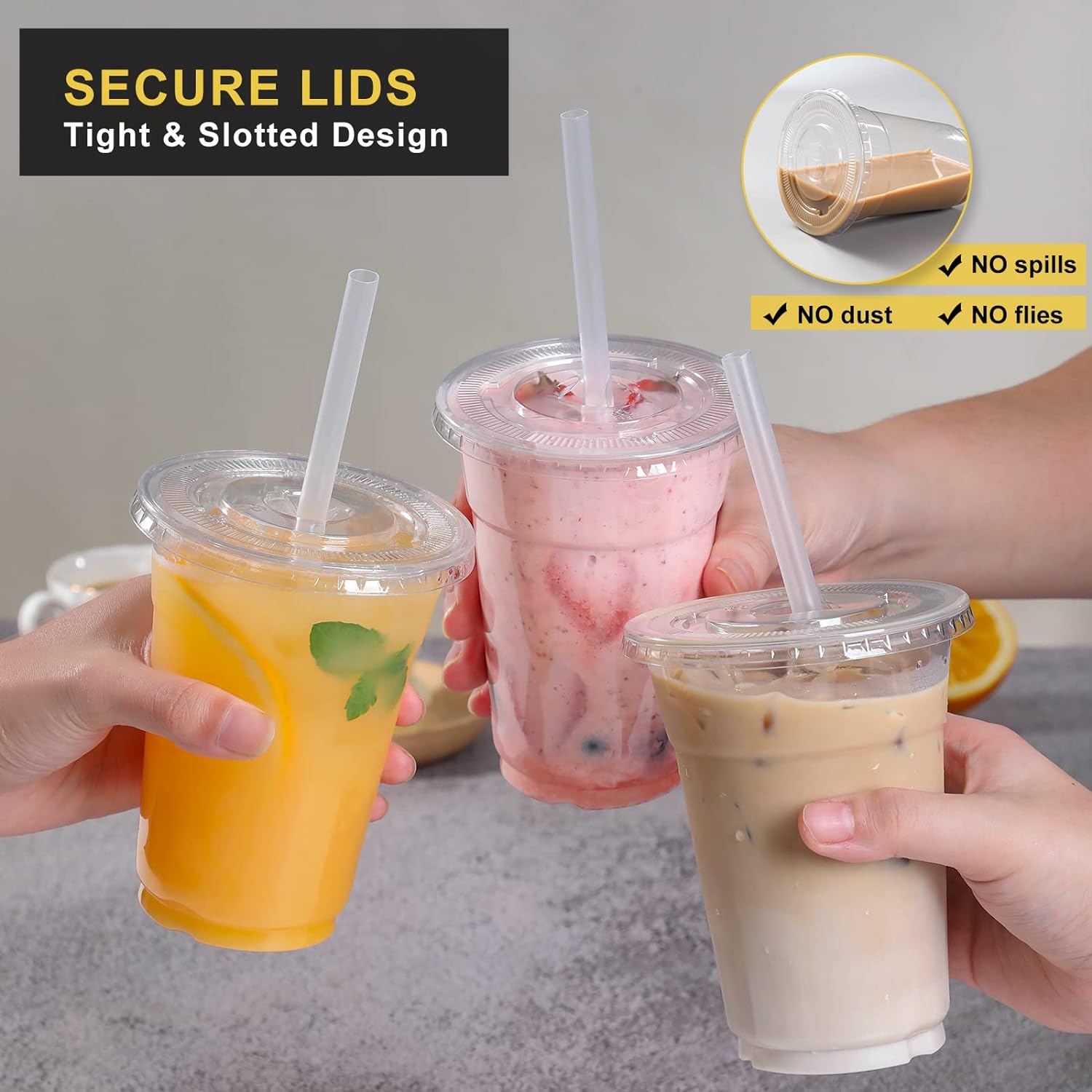 VITEVER 16oz Clear Cups with Lids Straws 100 Sets