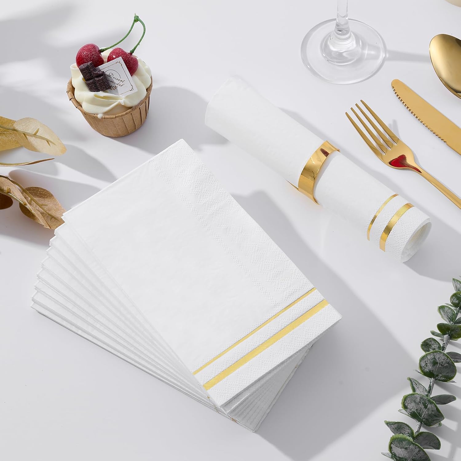 Tamone 100PCS 3-Ply Gold Napkins - Elegant White and Gold Disposable Dinner Napkins