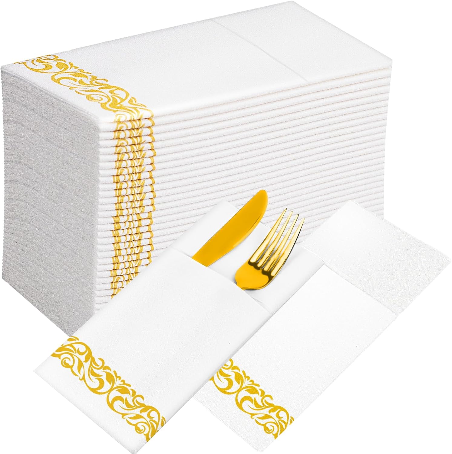 KAMMAK Premium Disposable Napkins 100 Pack Yellow Trim