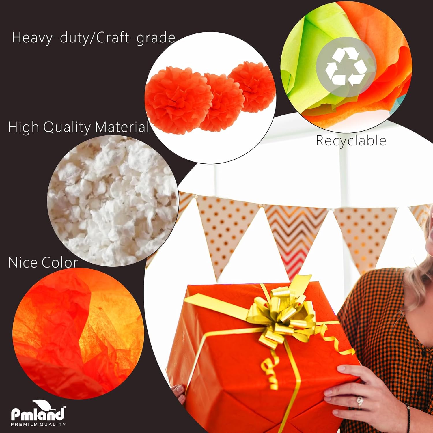 PMLAND Gift Wrapping Tissue Paper Black Orange 20x26 60 Sheets