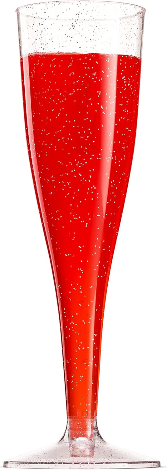 100 Plastic Champagne Flutes 5 Oz Disposable Silver Glitter Glasses for Parties