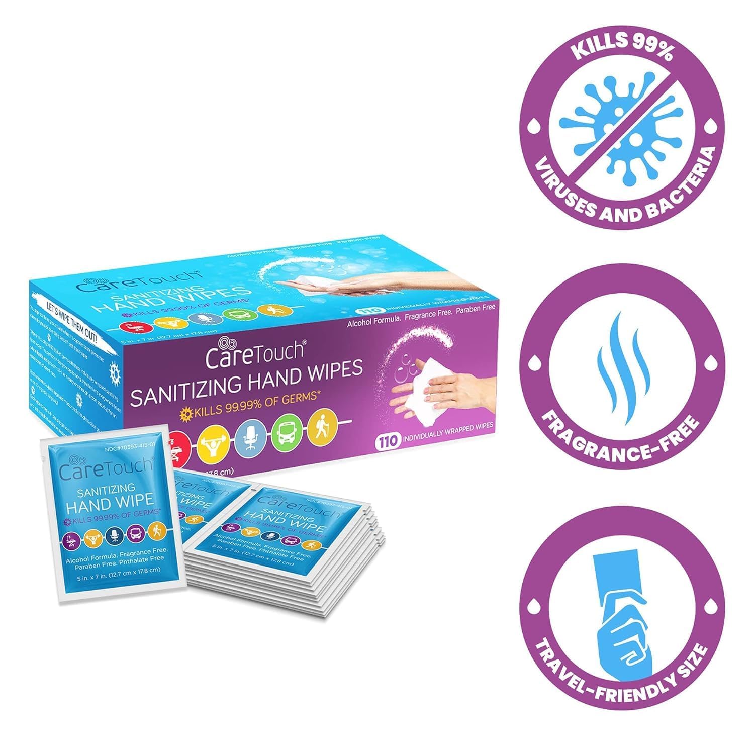 Care Touch Hand Sanitizer Wipes - 110 Pack Travel Size