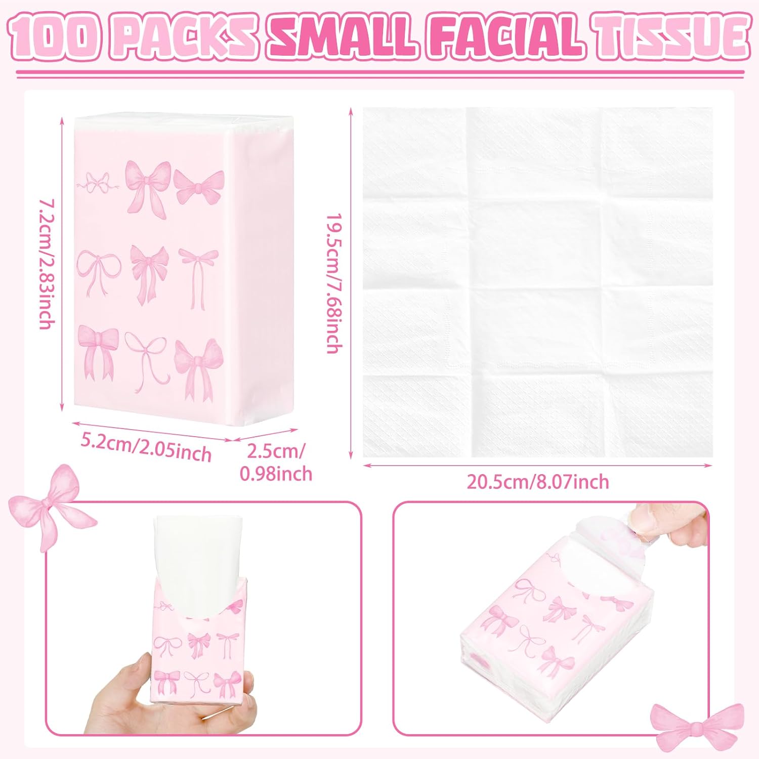 Therwen 20 Pack Pink Bow Travel Tissue Packs