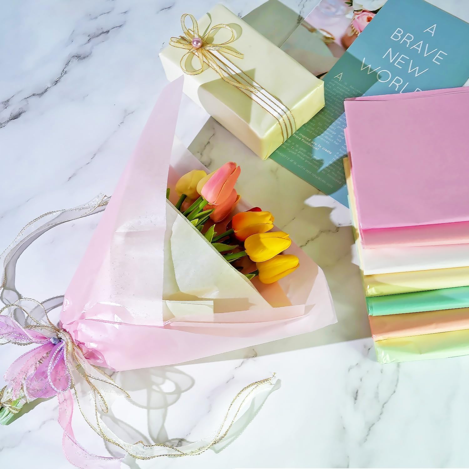 MAMUNU 105 Sheet Metallic Pastel Wrapping Tissue Paper 20x14 Inches