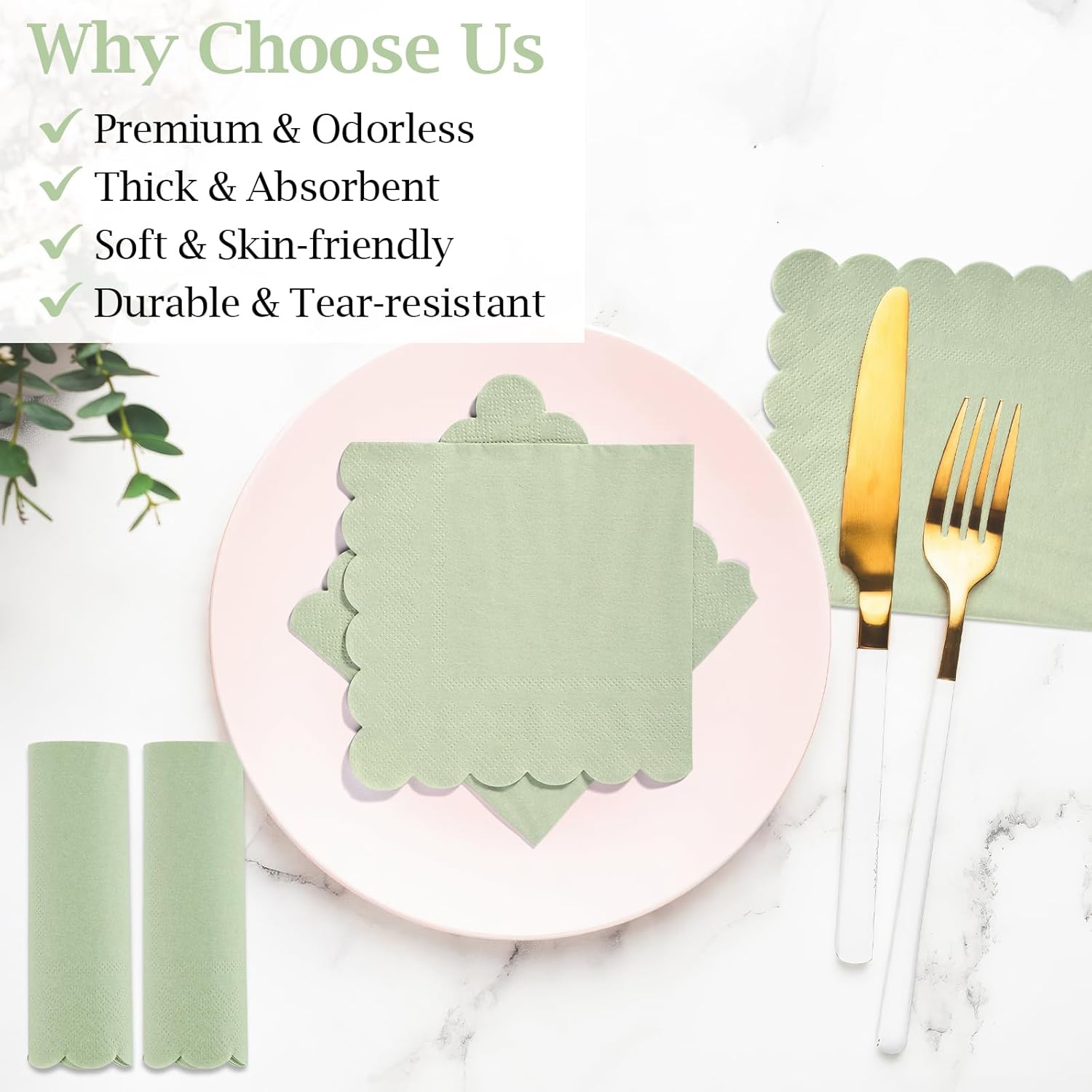 100 Pcs Sage Green Scalloped Napkins