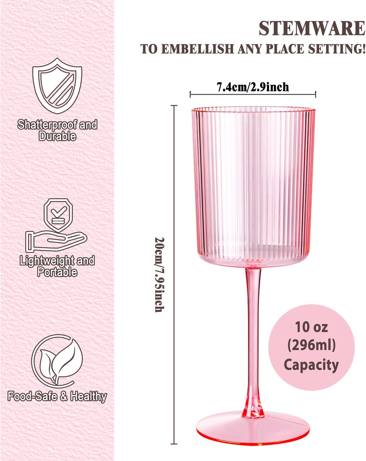 Ciaell 12 PCS Pink Plastic Wine Glasses with Stem