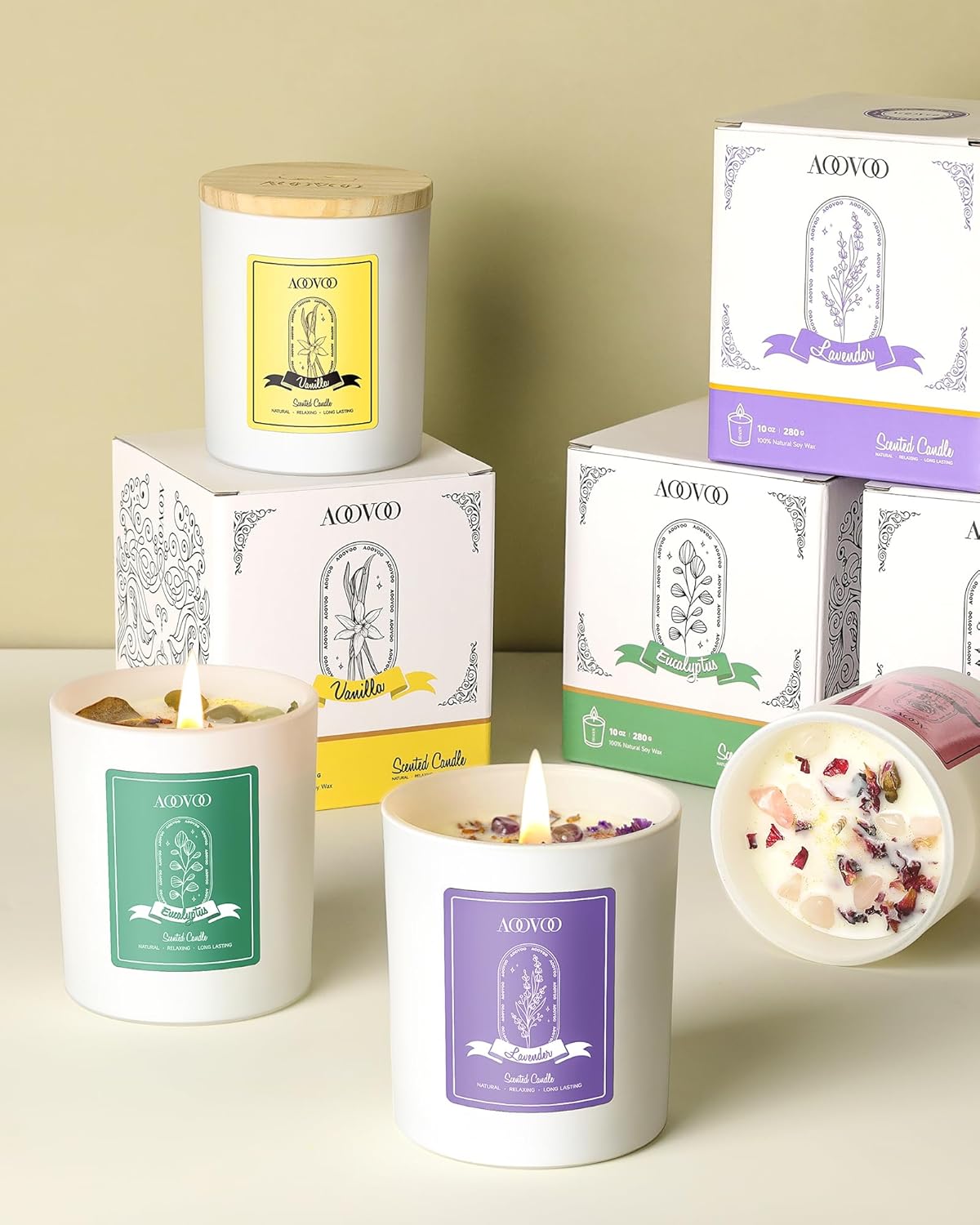 AOOVOO Lavender Scented Candles with Crystals 10oz Soy Candles for Women