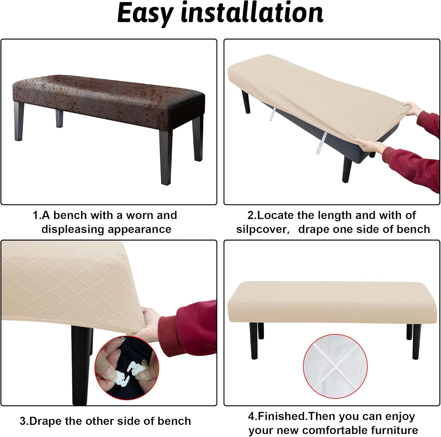 Stretch Bench Covers with Anti-Slip Strap and Jacquard Pattern Argyle Cream