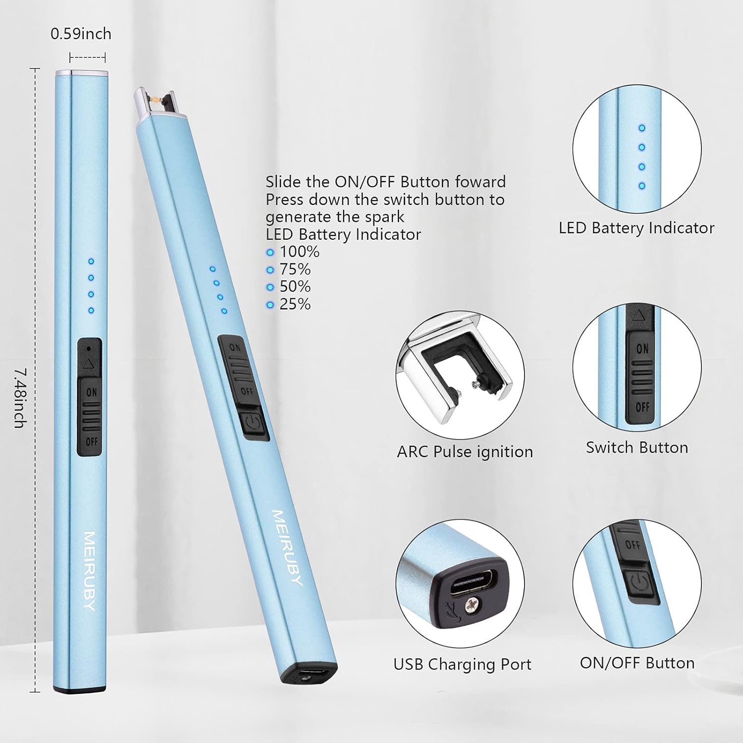 Electric Candle Lighter - Windproof Rechargeable Flameless Long Lasting Light Blue