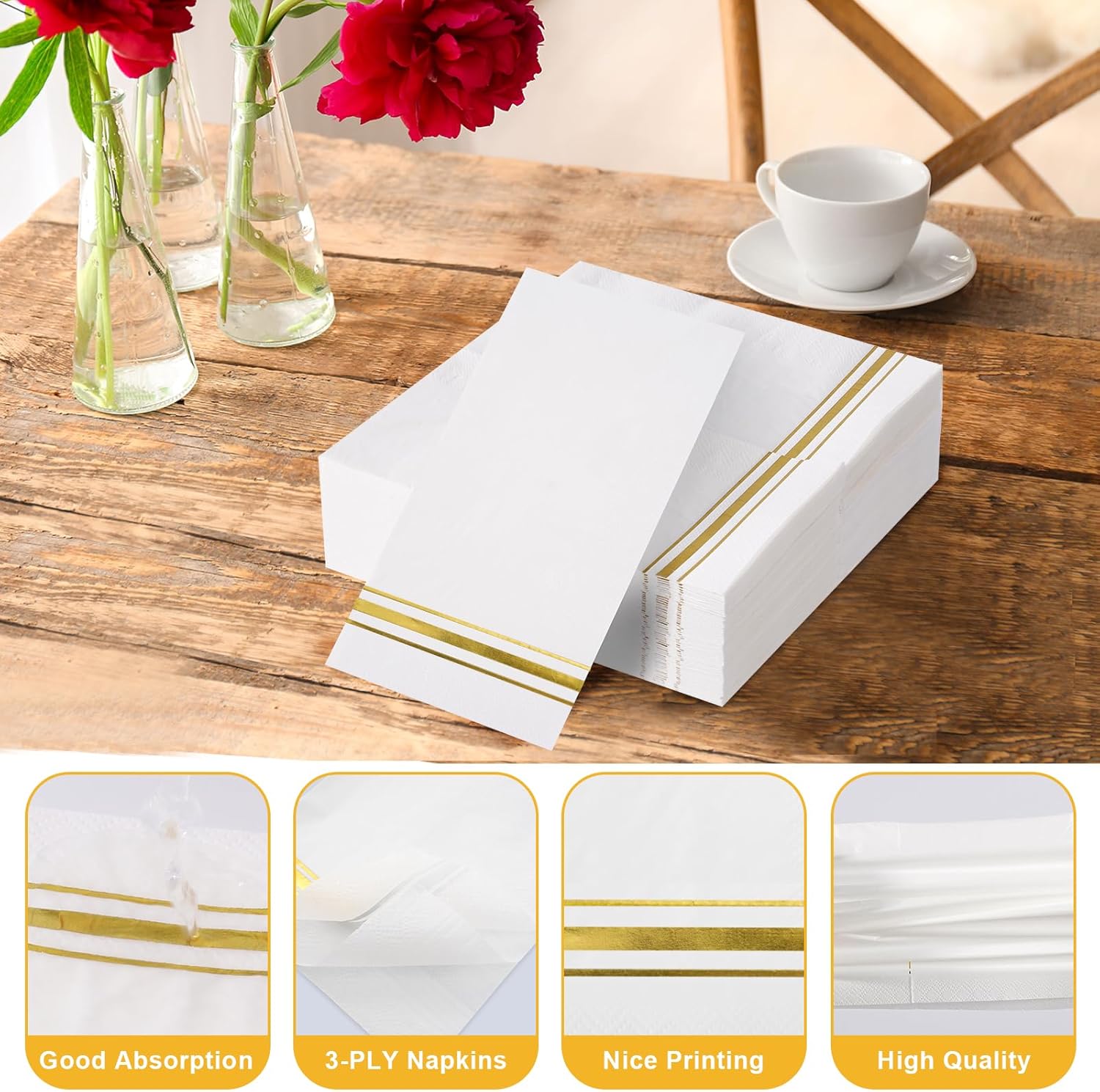 100 Gold Trim Lined Paper Napkins Elegant Party Decor