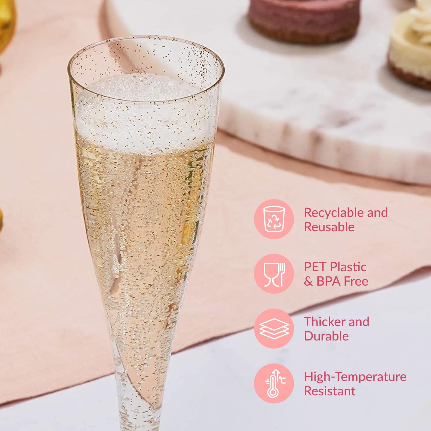Prestee 24 Plastic Champagne Flutes - Gold Disposable Cocktail Glasses