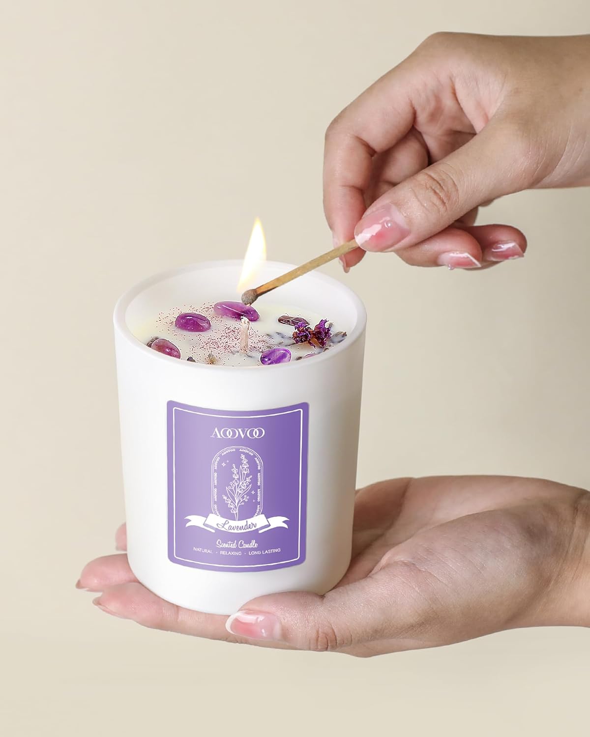 AOOVOO Lavender Scented Candles with Crystals 10oz Soy Candles for Women