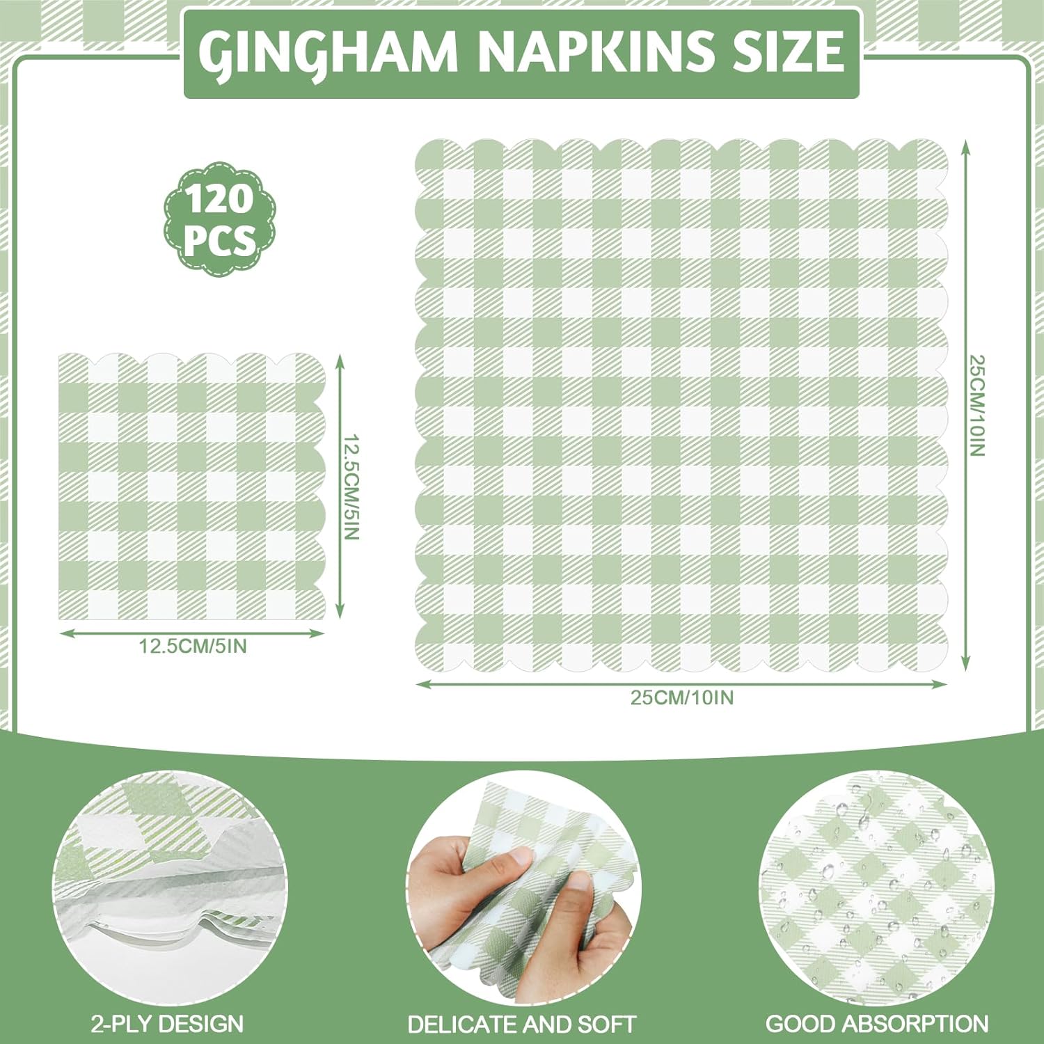 120 Pcs Green Gingham Napkins for Picnic Wedding and Baby Shower