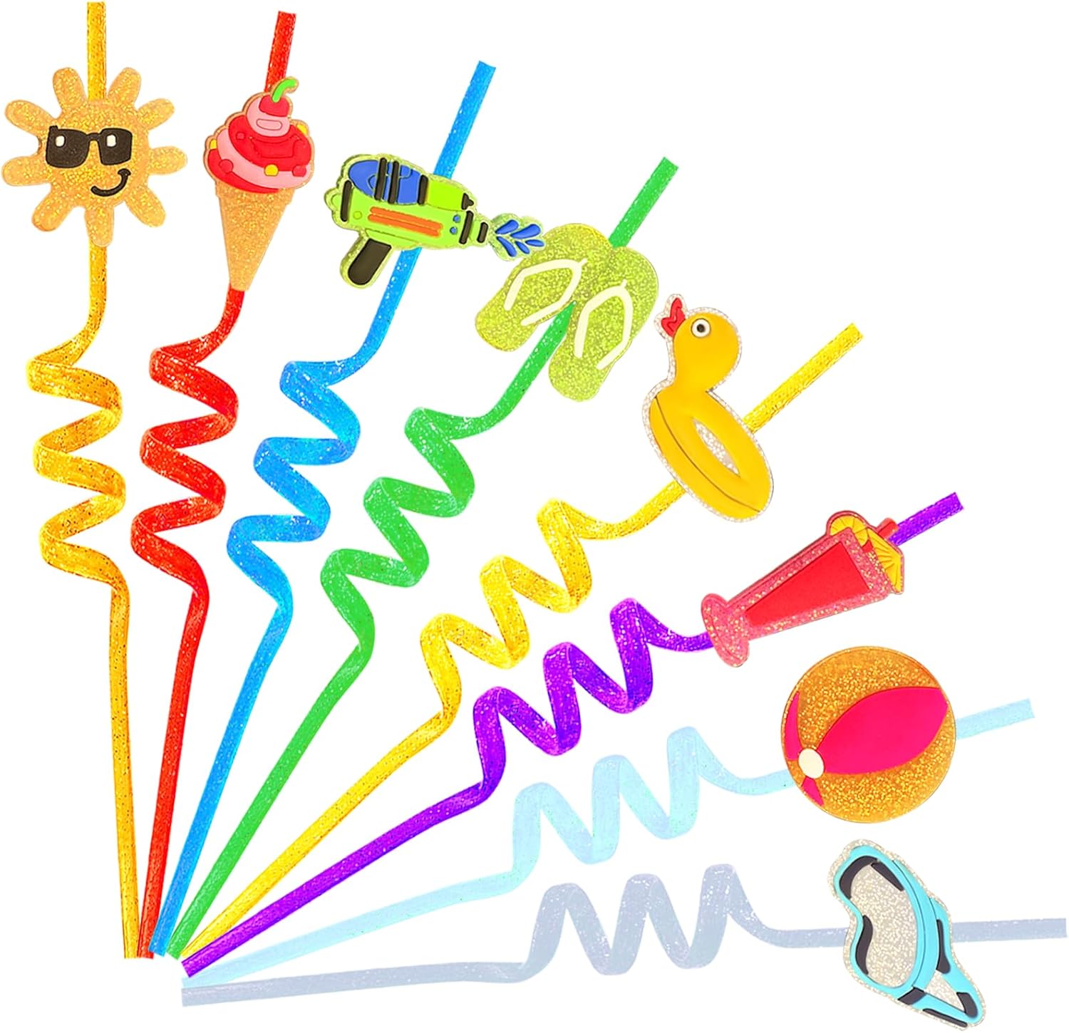 24 Glitter Drinking Straws with Beach Pattern and Brush