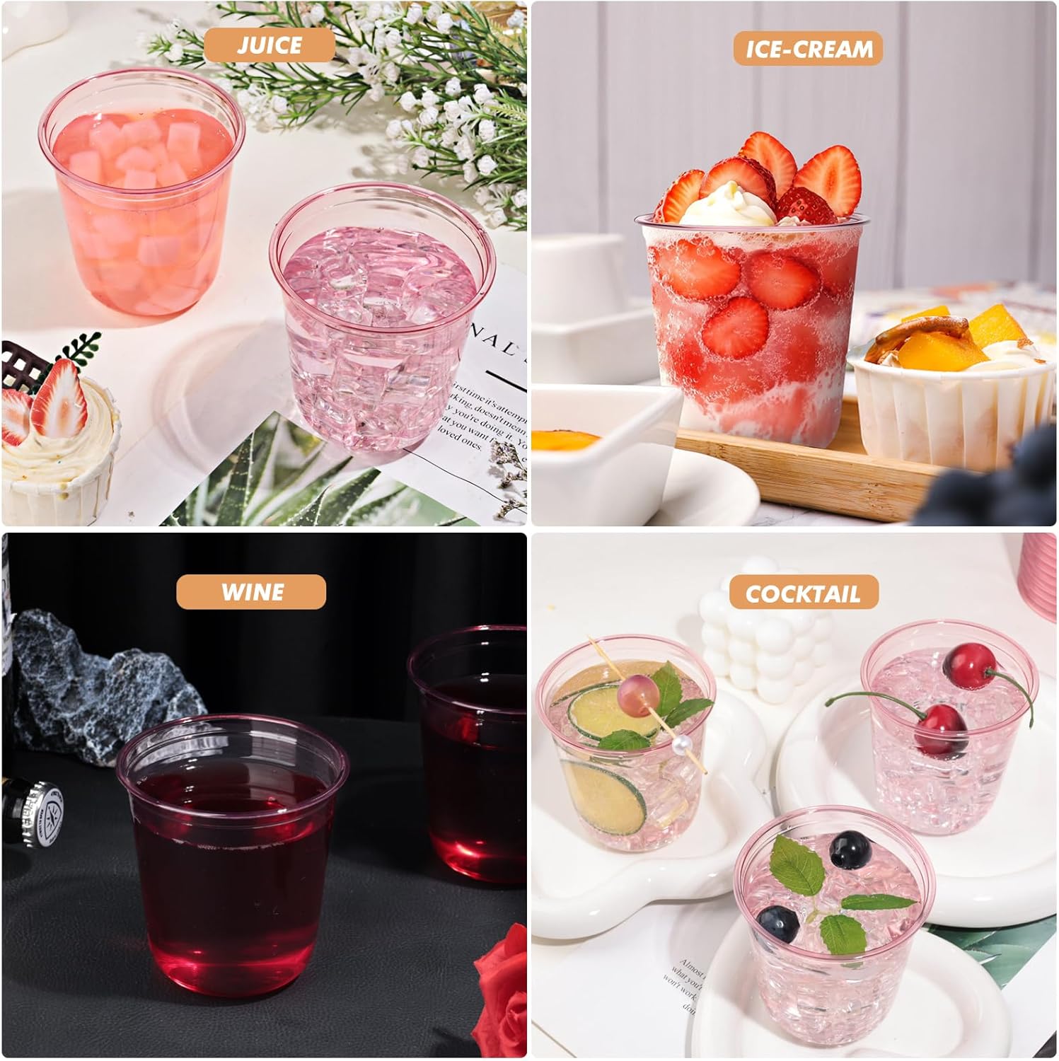 KesaPlan 50 Pcs Pink Plastic Cups 12oz Wine Glasses