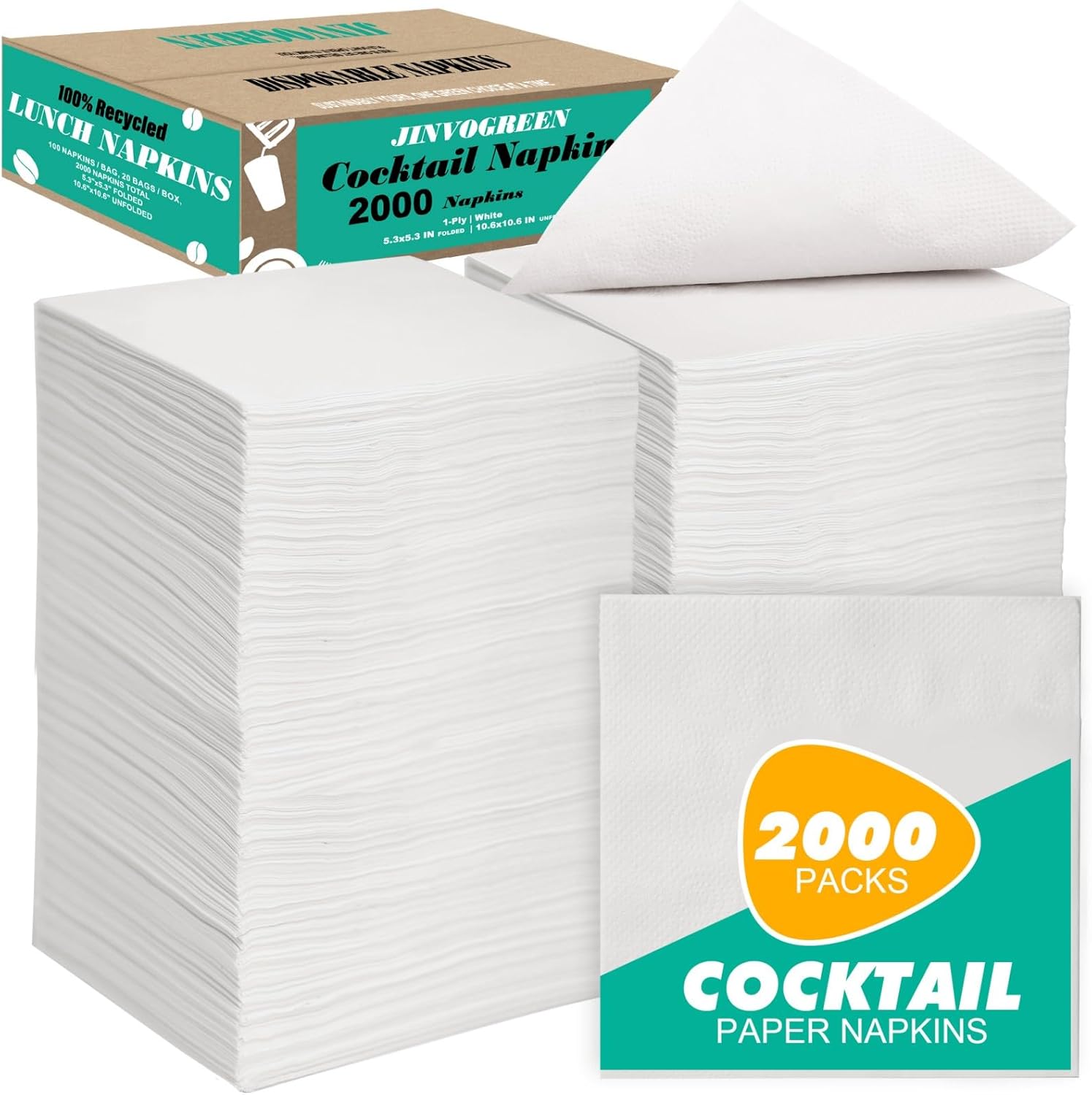 2000 Count White Disposable Cocktail Napkins 1-Ply 53 x 53 Inch Folded
