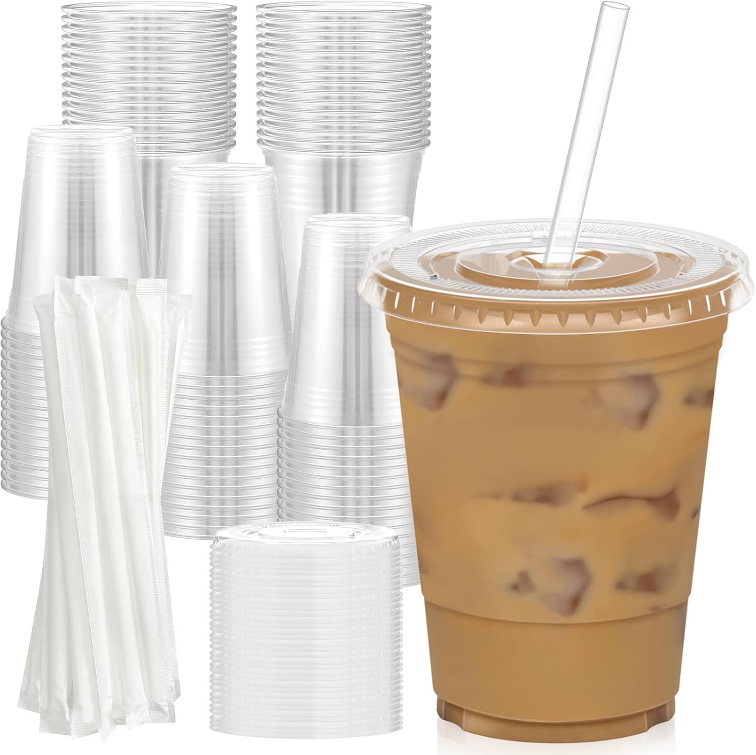 100 Pack 16 oz Clear Plastic Cups with Lids and Straws 1