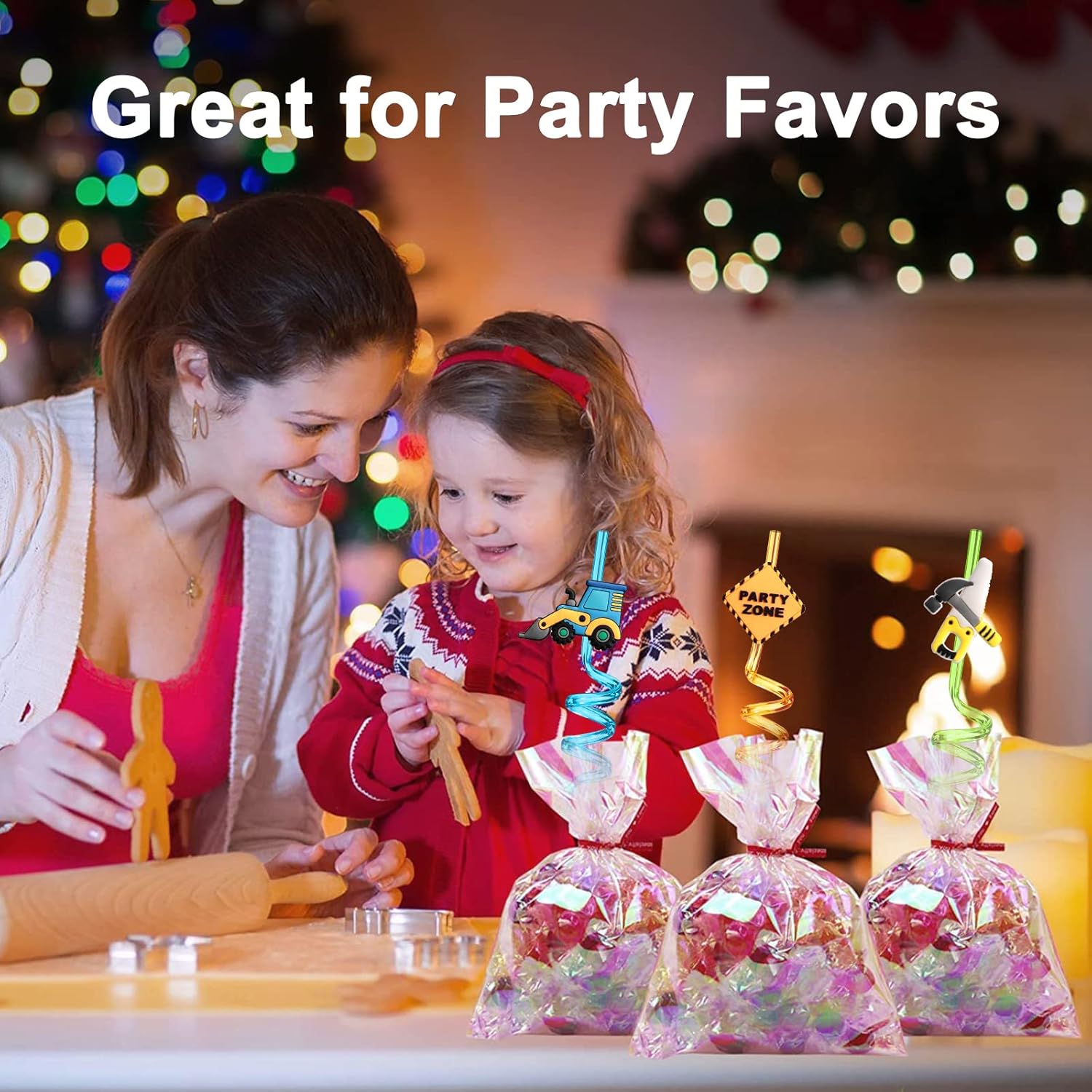 24 Reusable Plastic Straws with Construction Characters for Kids Party Favors