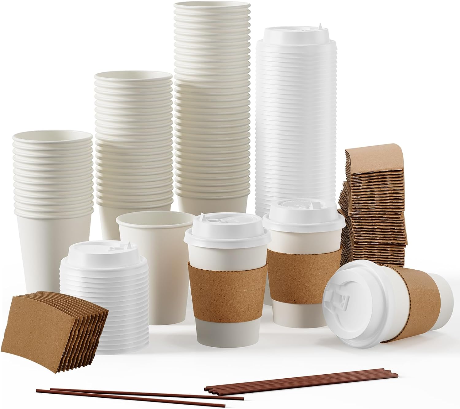 100 Pack 12oz Paper Coffee Cups with Lids and Sleeves