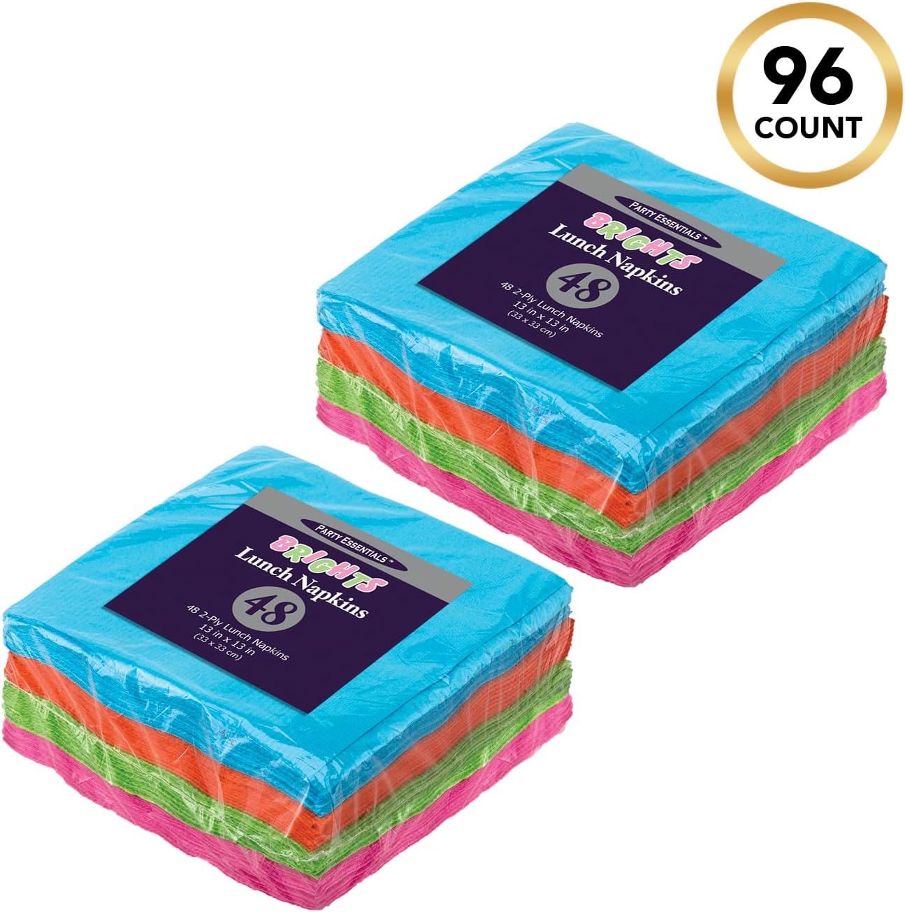 Party Essentials 2-Ply Disposable Four Fold Neon Napkins 13x13 96 Count