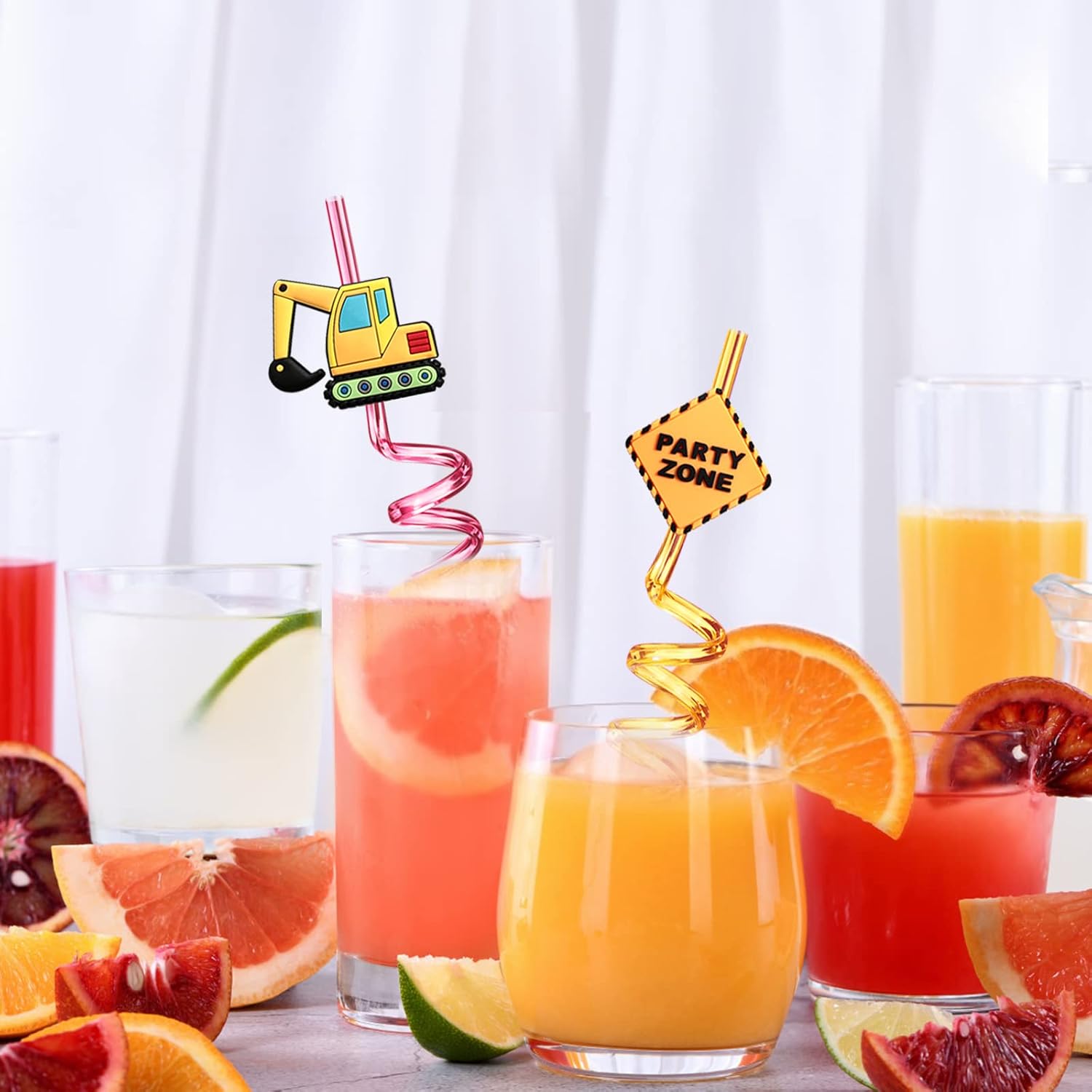 24 Reusable Plastic Straws with Construction Characters for Kids Party Favors
