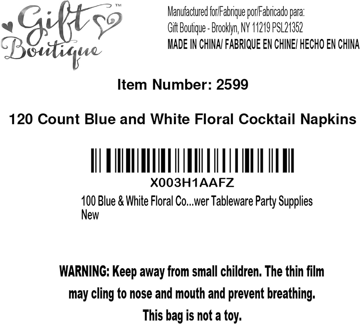 Blue And White Floral Napkins 10x10 Disposable Party