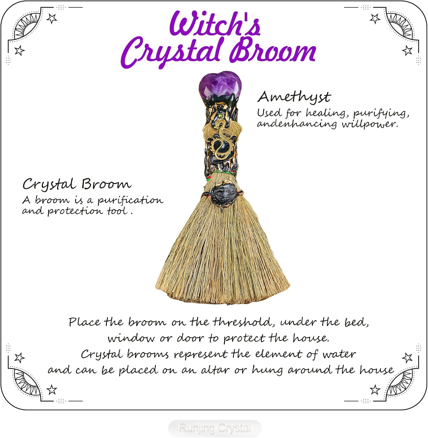 Amethyst Crystal Heart-Shaped Magic Broom - Reiki Energy Healing Tool