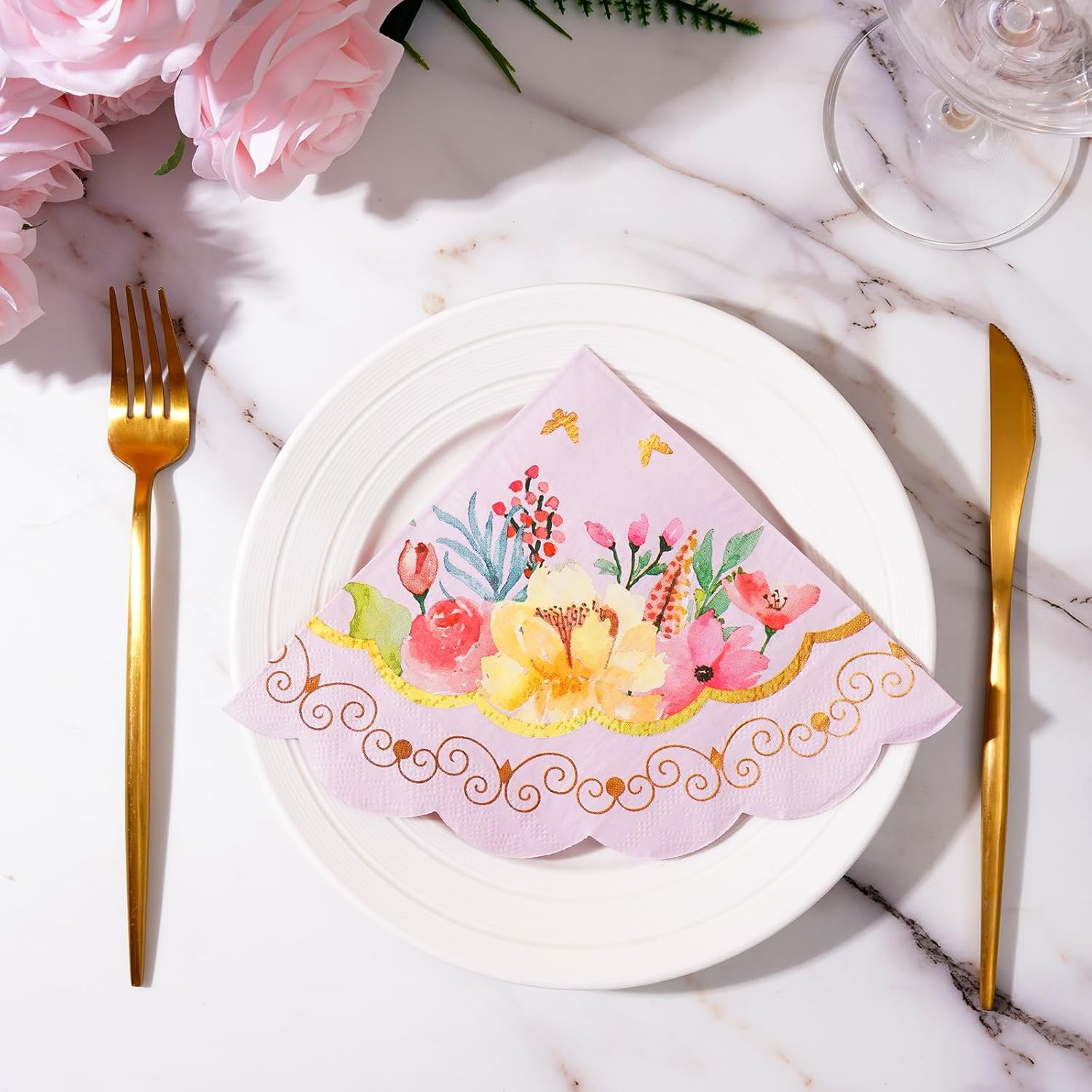 Floral Tea Party Napkins 100pcs Scalloped Decor