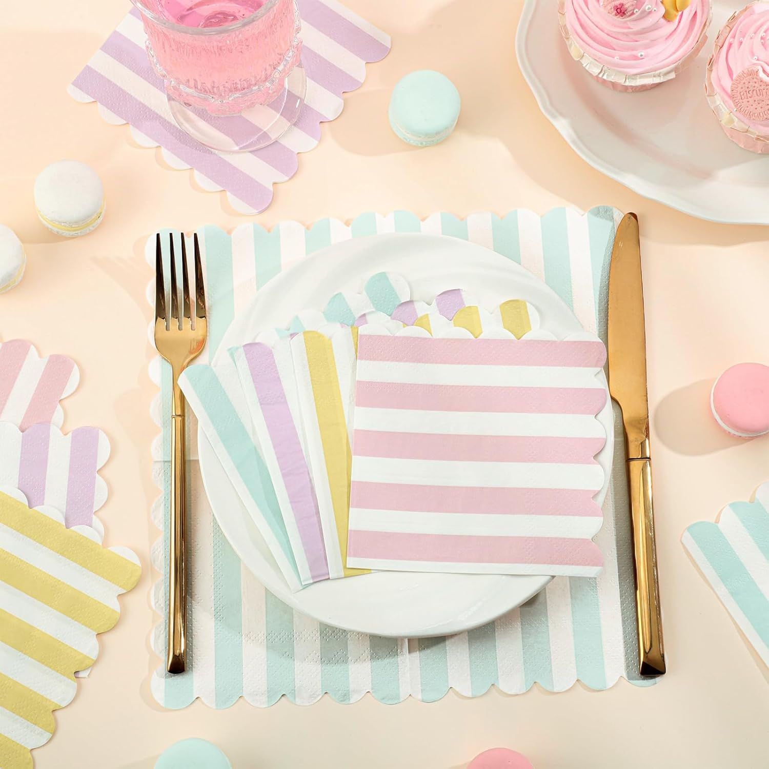 120 Pcs Striped Pastel Napkins 5x5 Inch Scalloped