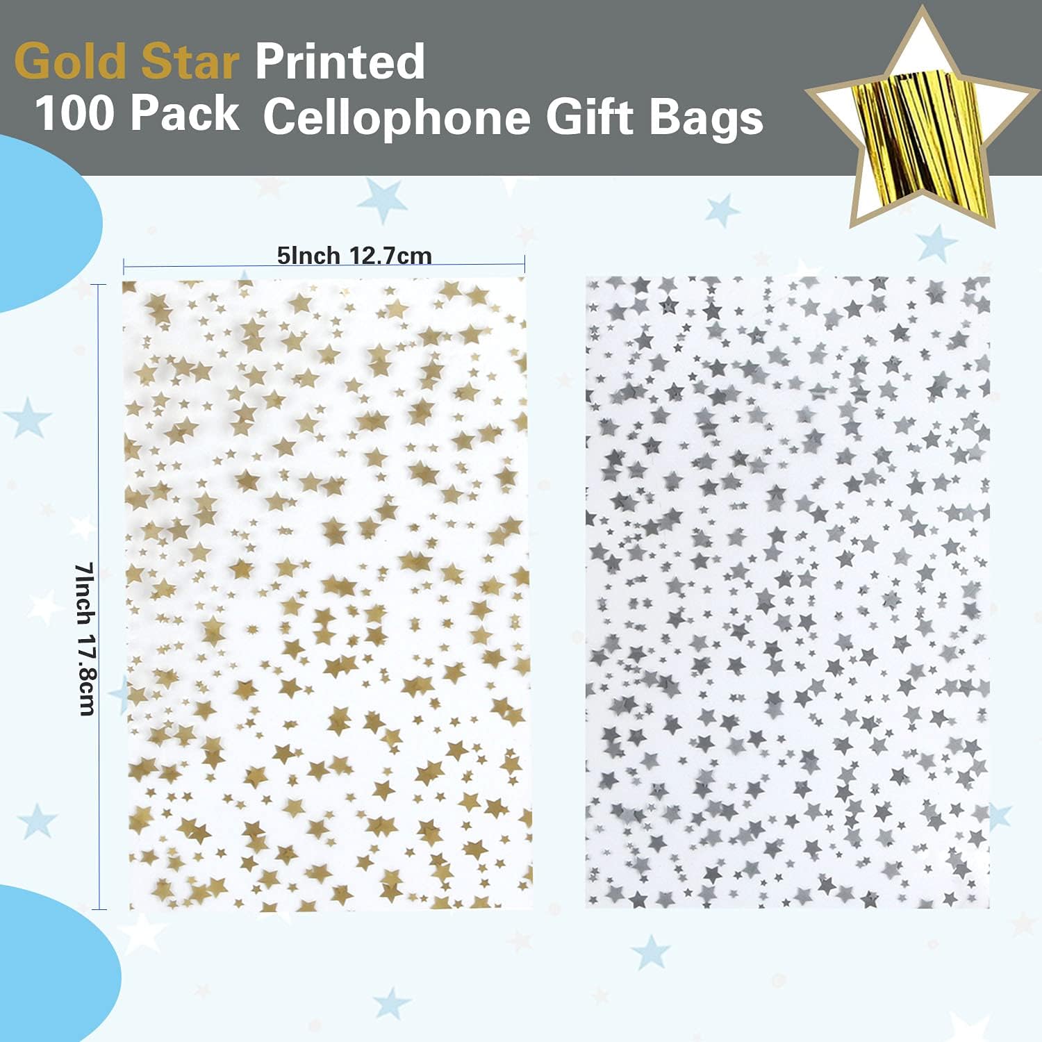 100 Pcs Gold Star 5X7 Gift Wrap Cello Bags