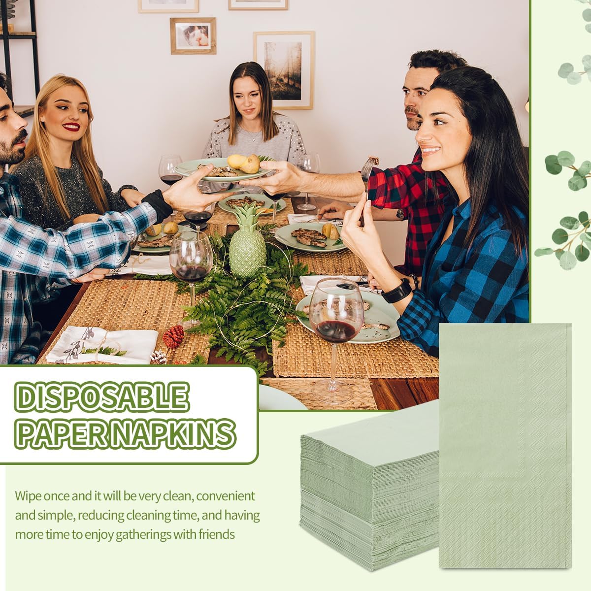 100PCS Sage Green Disposable Napkins and Hand Towels