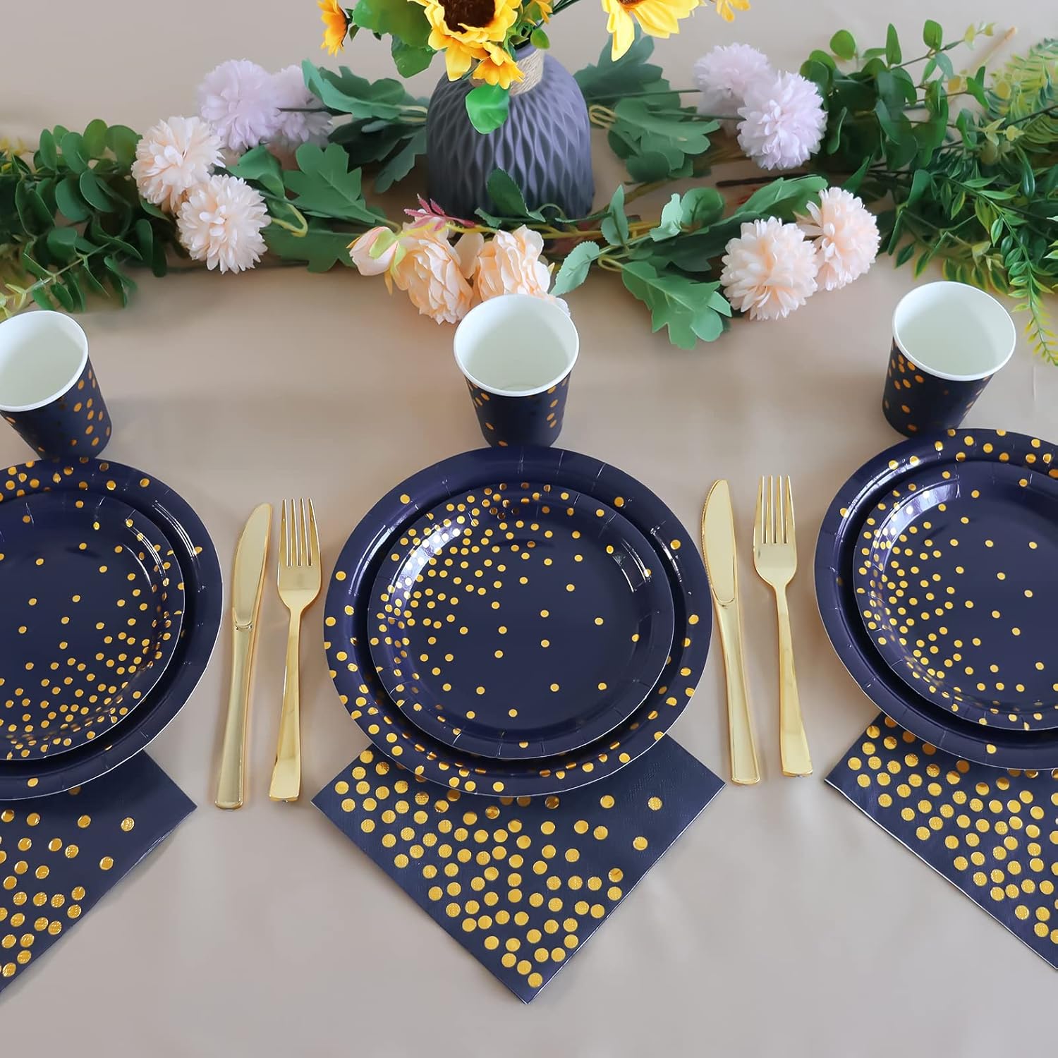 100PCS Blue Party Napkins with Gold Dots for Events