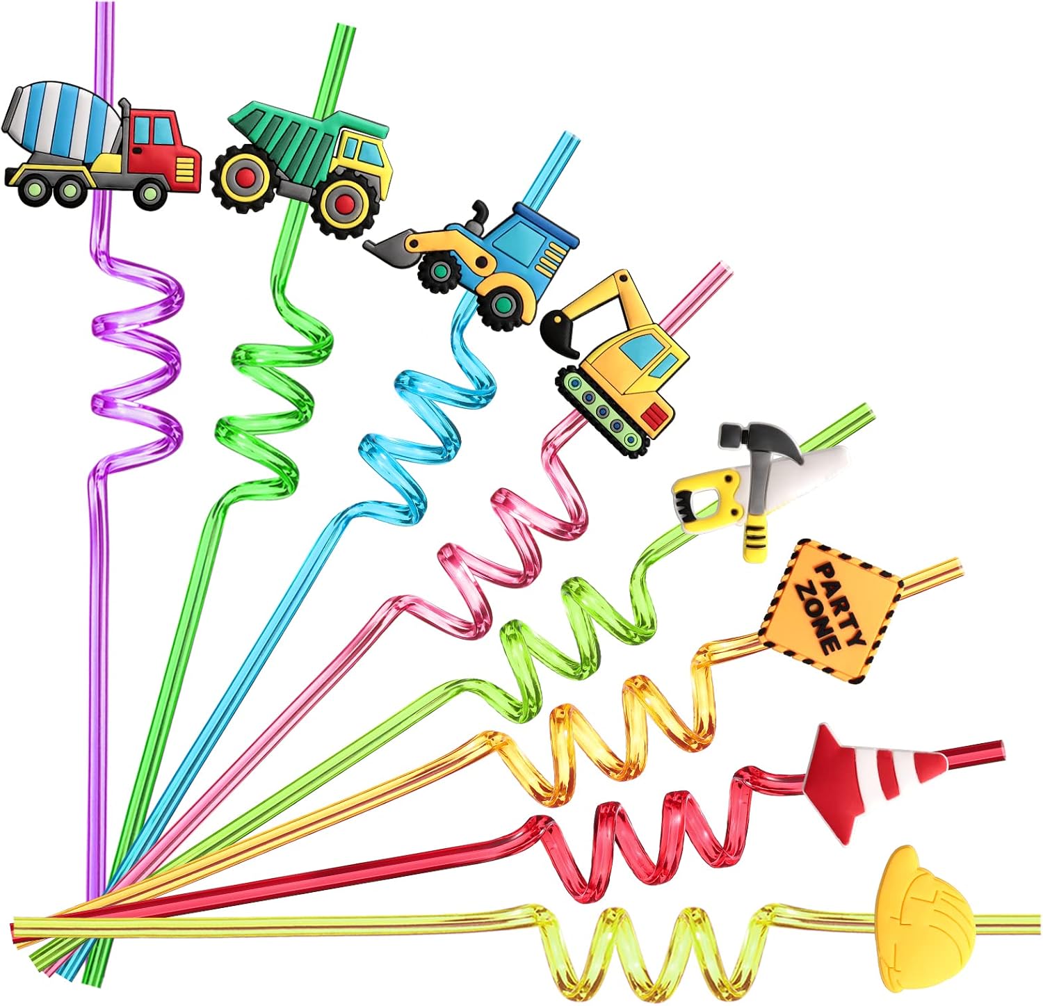 24 Reusable Plastic Straws with Construction Characters for Kids Party Favors