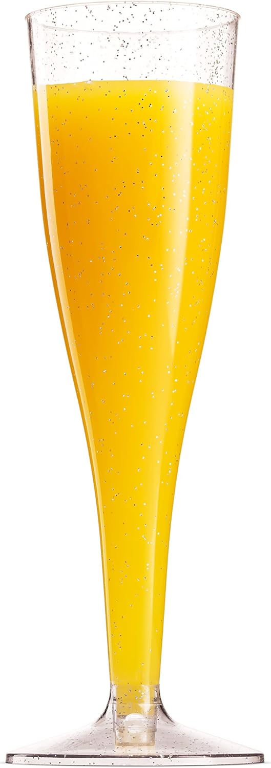 100 Plastic Champagne Flutes 5 Oz Disposable Silver Glitter Glasses for Parties