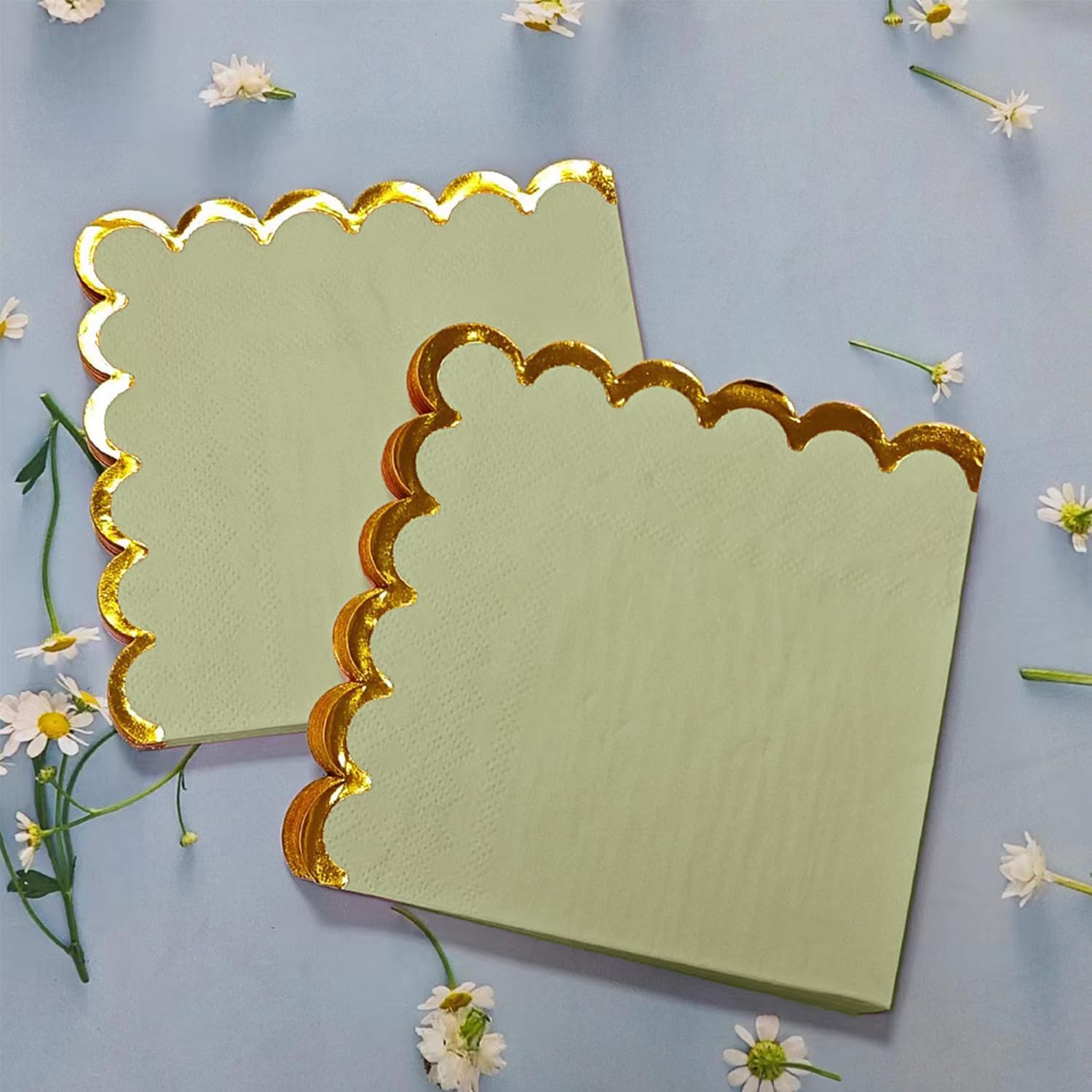 100 Pack Green Cocktail Napkins with Gold Foil Scalloped Edge