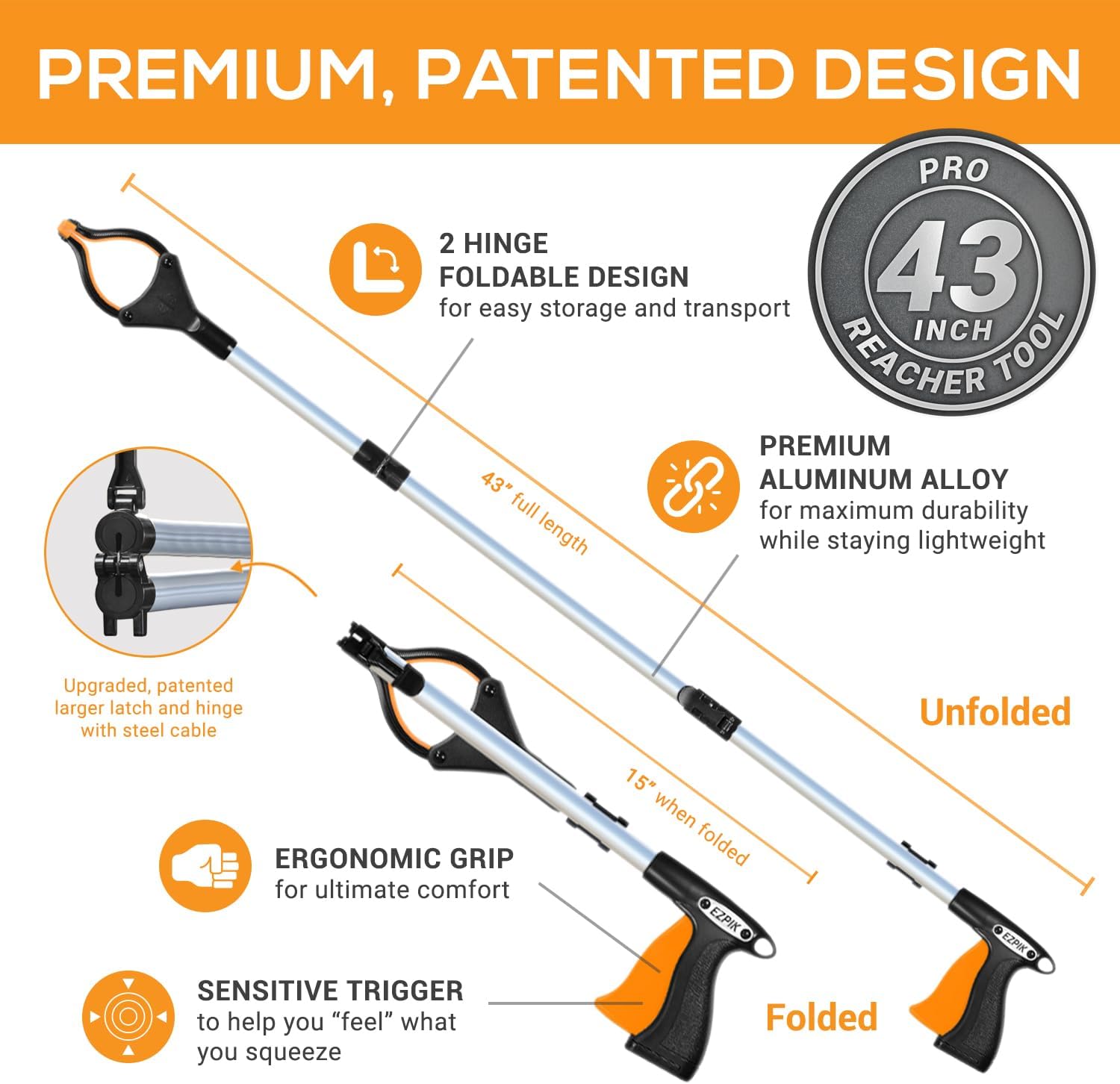 EZPIK Pro 43 Inch Foldable Reacher Tool for Seniors