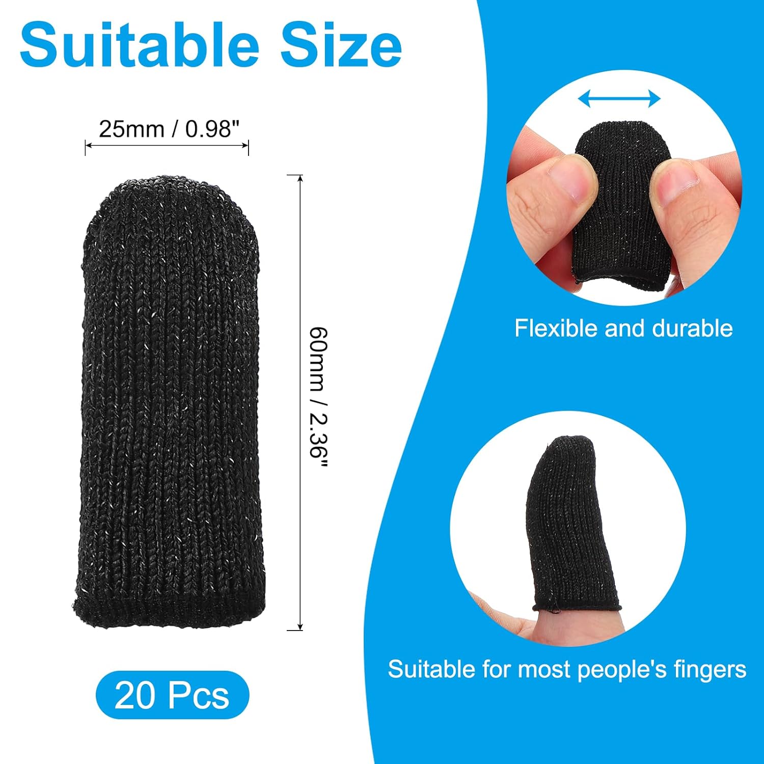 PATIKIL Cut Resistant Finger Cots 24x1 Inch 20 Pcs Reusable Black