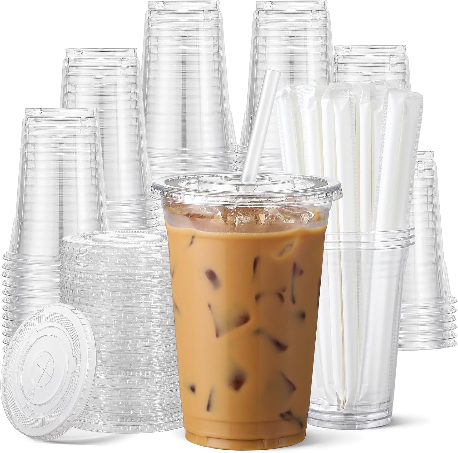 AOZITA 100 Pack 16 oz Clear Plastic Cups with Lids and Straws