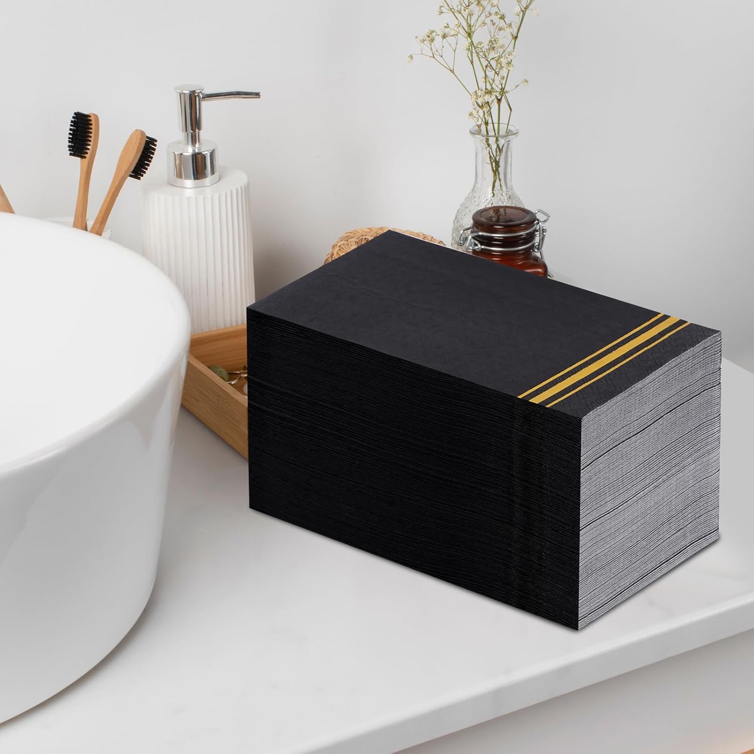 100 Gold Trim Lined Paper Napkins Black Elegant
