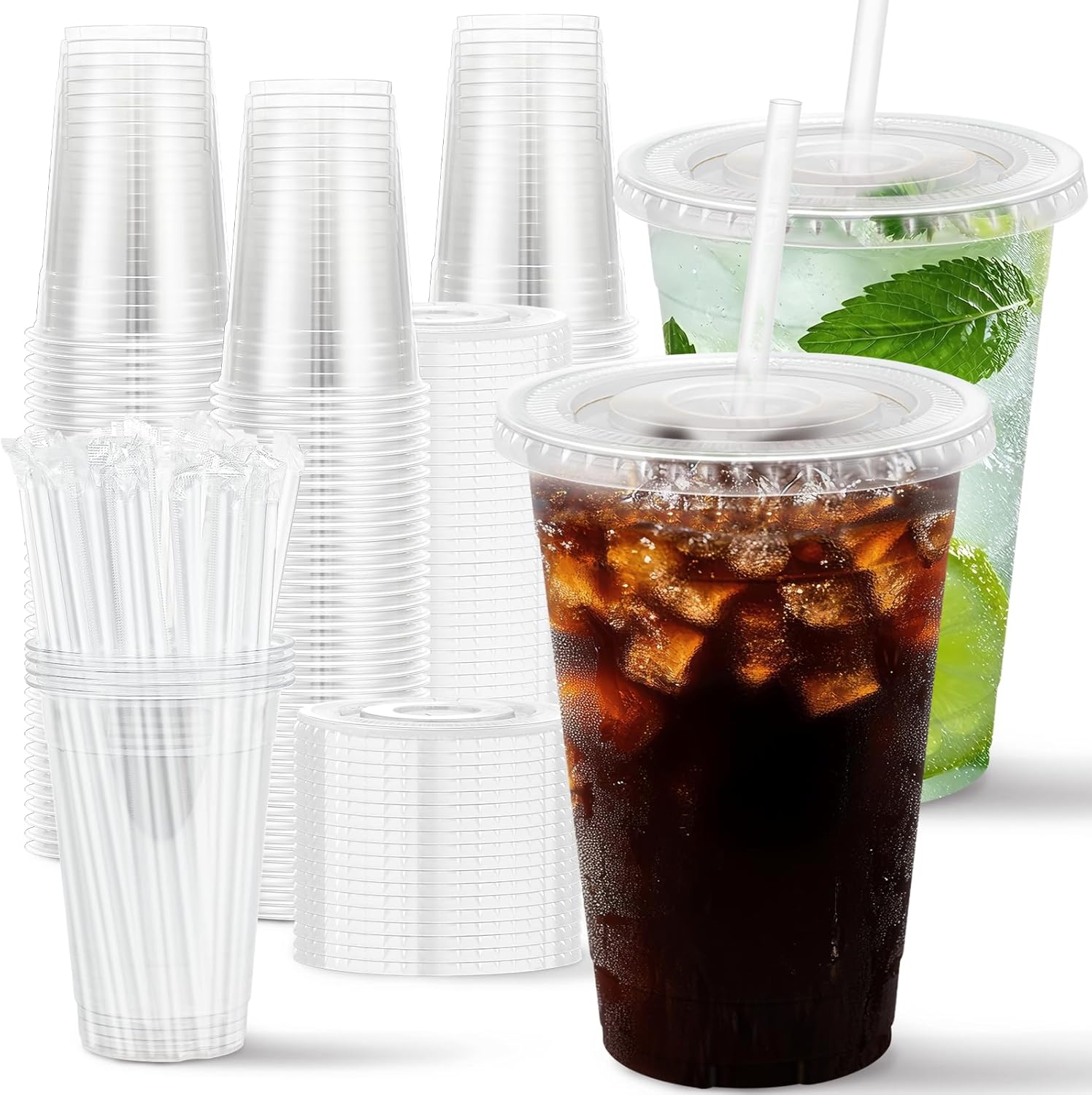 100 Pack 16 oz Clear Plastic Cups with Lids and Straws