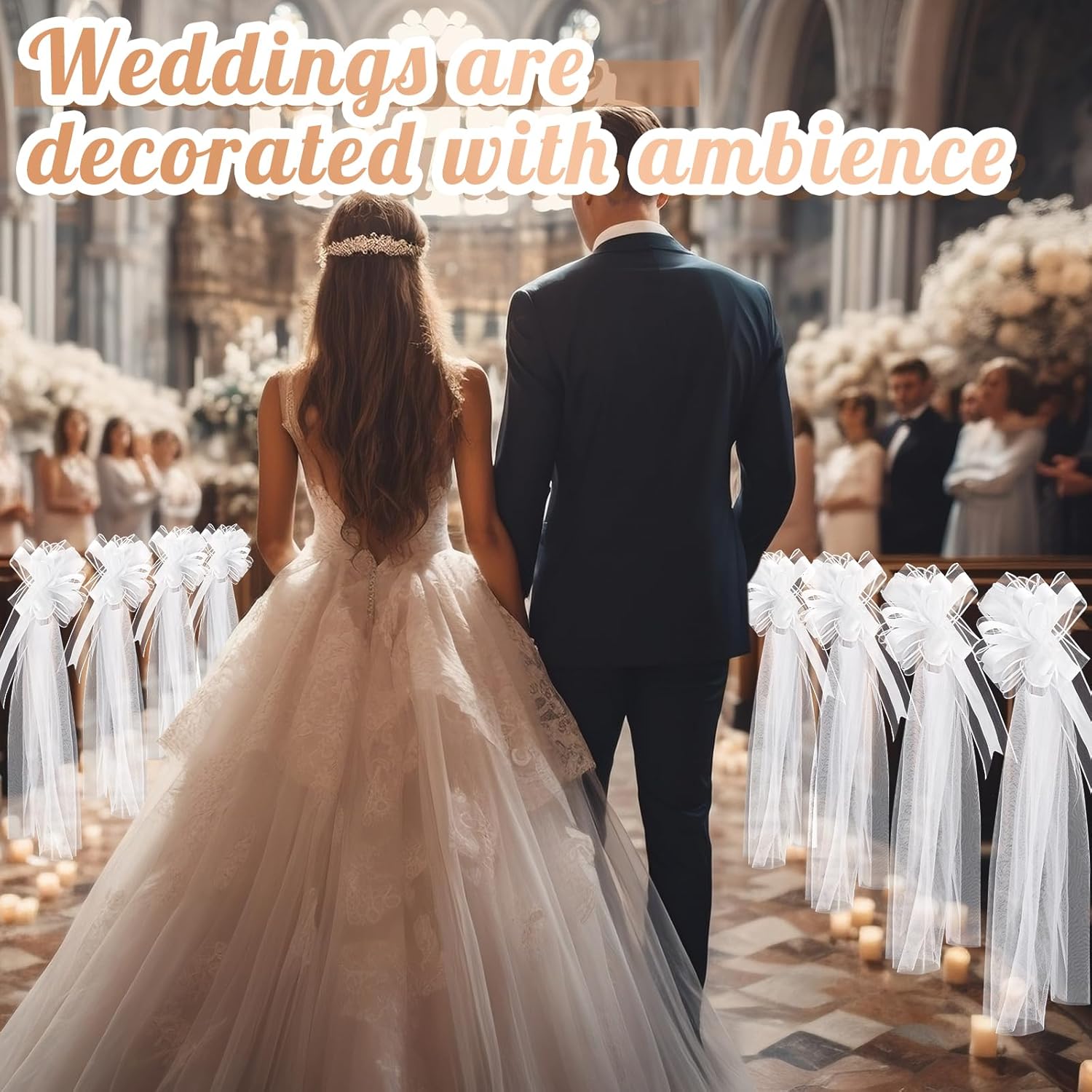 12 Set Large White Wedding Bows with Tulle Tails