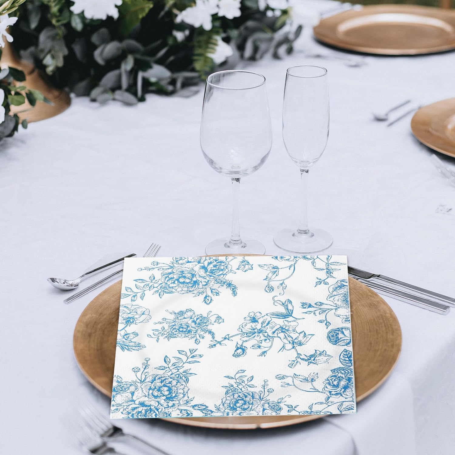 100 Pack Blue Floral Cocktail Napkins for Parties and Events