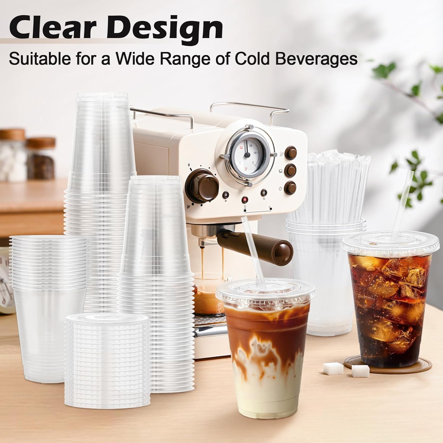 Lamosi 100 Pack 16 oz Clear Plastic Cups with Lids and Straws