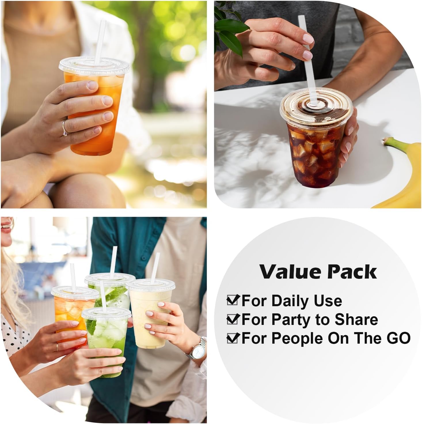 100 Pack 16 oz Clear Plastic Cups with Lids and Straws